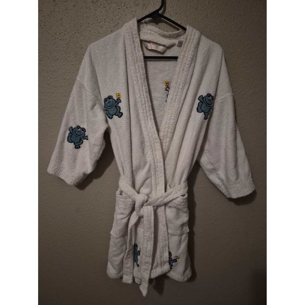 VTG Stan Herman Terry Cloth Lounge Robe Embroidered Frogs White Rare Sz S Unique
